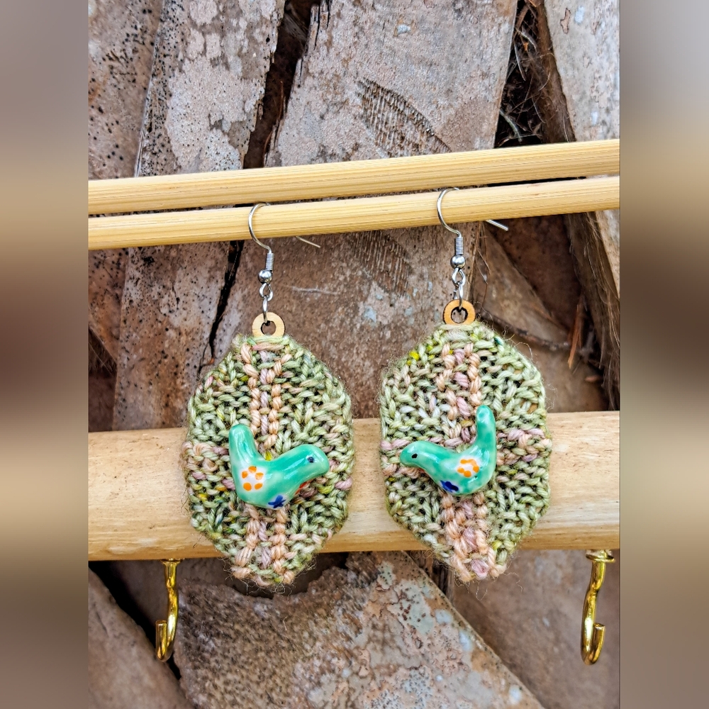 Green Knit Hexagon Earrings with Hand Embroidery Elements and a Bird-Shaped Bead - Picture 7 of 16